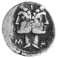 C. Fonteius (114-113 p.n.e.), denar, Aw: Połączone głowy Dioskurów, poniżej literka kontrolna M i ..
