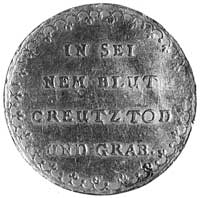 medal chrzcielny 3 dukatowy autorstwa J. Buchheima (XVII w.), Aw: Siedzący Jezus z krzyżem i gałąz..