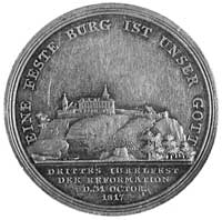 medal sygnowany LOOS, wybity w 1817 r. (Prusy), Aw: Postać Lutra i napis wokoło, Rw: Panorama zamk..