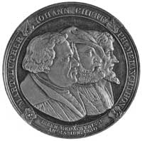 medal sygnowany KRUGER, wybity w 1830 r. (Saksonia), Aw: Popiersie Lutra, księcia Jana, Melanchton..
