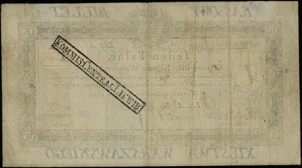 1 talar 1.12.1810, podpis komisarza Badeni, numeracja 6048, stempel Komisji Likwidacyjnej  na stronie odwrotnej