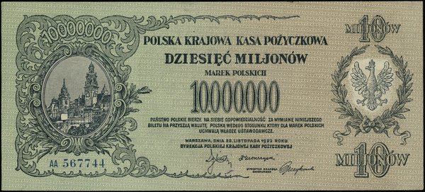 10.000.000 marek polskich 1923, seria AA, numeracja 567744