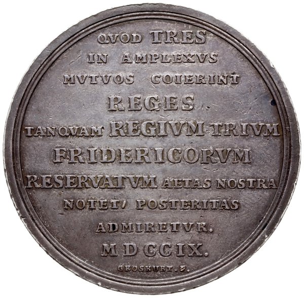 medal z 1709 r. autorstwa Heinricha Paula Groskurta wybity z okazji zjazdu i podpisania przymierza trzech  Fryderyków
