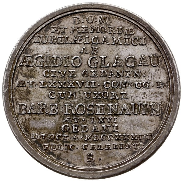 medal z 1733 roku autorstwa Sieverta wybity z okazji złotego jubileuszu zaślubin Algidiusa Glagau  i Barbary Rosenau