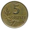5 groszy 1958, Warszawa; Nominał 5, wklęsły napis PRÓBA na rewersie; Parchimowicz P204.a;  mosiądz..