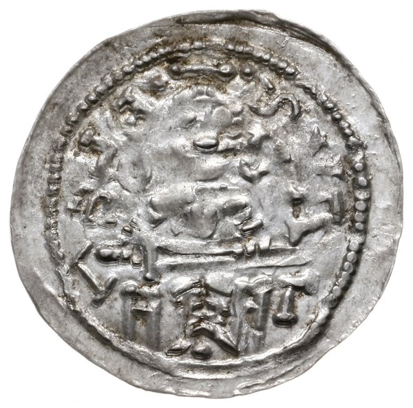 denar 1146-1157; Aw: Książę z mieczem na tronie,