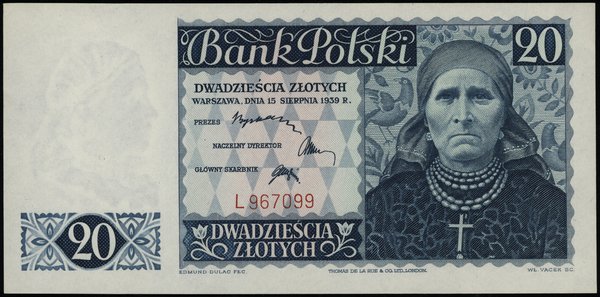 20 złotych 15.08.1939, seria L 967099; Lucow 102