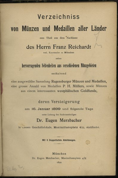 Dwa katalogi aukcyjne – Dr Eugen Merzbacher: 1) Verzeichniss von Münzen und Medaillen aller Länder  des Herrn Franz Reichardt