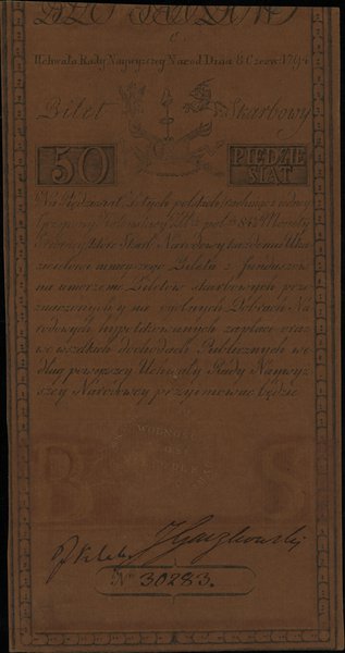 50 złotych 8.06.1794, seria C, numeracja 30283, podpisy: Jan Klemens Gaczkowski (kupiec warszawski)  oraz Jan Klek (kupiec warszawski)