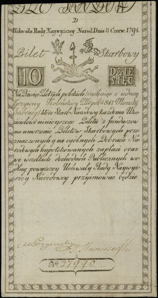 10 złotych polskich 8.06.1794, seria D, numeracja 37990