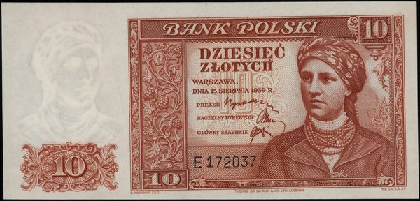 10 złotych 15.08.1939, seria E, numeracja 172037