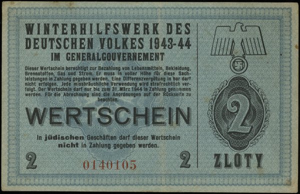 10 złotych 1943-1944; numeracja 0277525, niewype