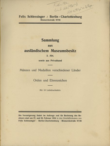 Felix Schlessinger, Münz-Auktion 12 – Sammlung a
