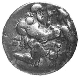 THASOS, stater, Aw: Klęczący nagi Satyr trzyma w ramionach broniącą się nimfę, Rw: Wklęsły czterodzielnykwadrat, Sear 1746, BMC 3.24, 7,03 g.