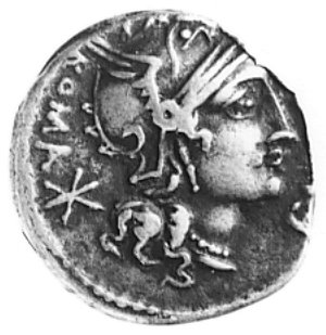 Sergia, M. Sergius Silus (około 116-115), denar, Aw: Głowa Romy w prawo, z lewej napis ROMA i X,Aw: Jeździec galopujący w lewo, niżej napis: M. SERGI SILVS, Seaby 1, Craw. 286/1, 3,81 g.