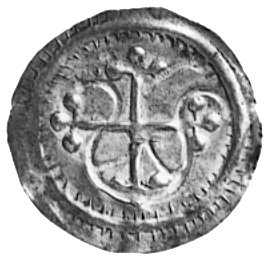 półbrakteat- naśladownictwo monet z Dorestadu, Hedeby lata 957-980, Aw: Ozdobny krzyż, Rw: Łukowatafigura, 0,32 g.