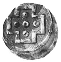 denar, Kamień, Aw: Krzyż w rozecie, Rw: Szeroki krzyż w polu pięć kółek, Kop.60.1 -RR-, Dbg.74, 0,52 g.
