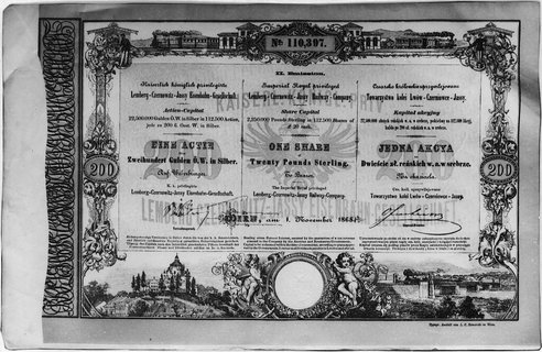 Towarzystwo Kolei Lwów-Czerniowce-Jassy- akcja wartości 200 złotych reńskich w austriackim srebrze,1.XII.1868 w Wiedniu, No 110,397