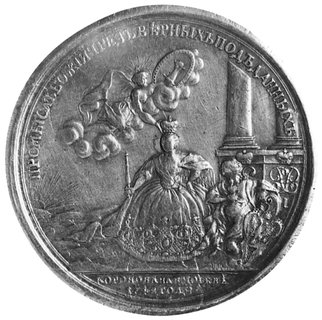 medal nie sygnowany wybity w 1742 roku z okazji koronacji carycy Elżbiety w Moskwie, Aw: Popiersie i napis,Rw: Caryca w stroju koronacyjnym na tle kolumnady, powyżej święty podtrzymujący koronę i napisy, srebro46,5 mm, 76,52 g.