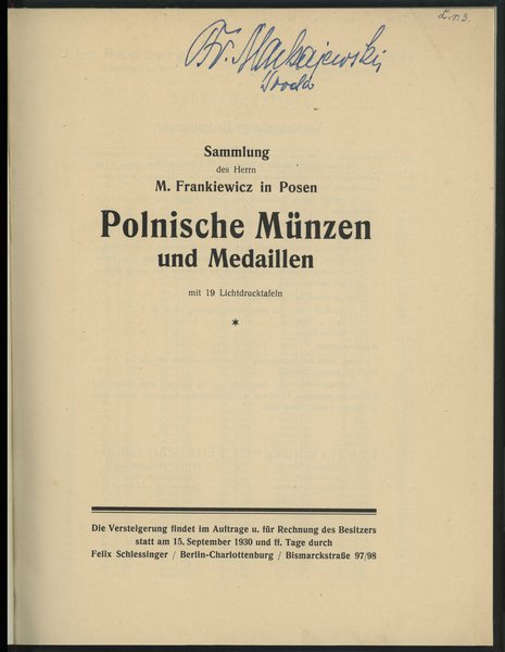 Felix Schlessinger, Sammlung des Herrn M. Franki