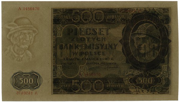 500 złotych, 1.03.1940; seria A, numeracja 14564