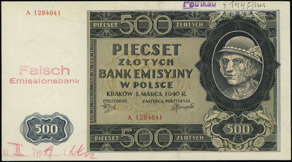 500 złotych (fałszerstwo ZWZ), 1.03.1940; seria 