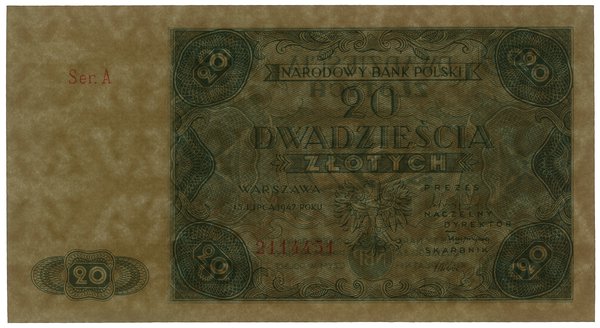 20 złotych, 15.07.1947; seria A, numeracja 21144