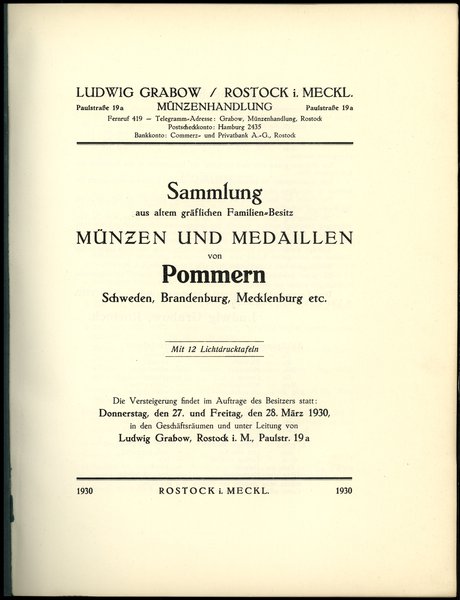 Ludwig Grabow, Versteigerung – Münzen und Medaillen von Pommern