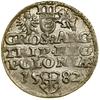 Trojak, 1582, Olkusz; duża głowa króla, rozeta pomiędzy GROS a ARG na rewersie; Iger O.82.5.p (R1)..