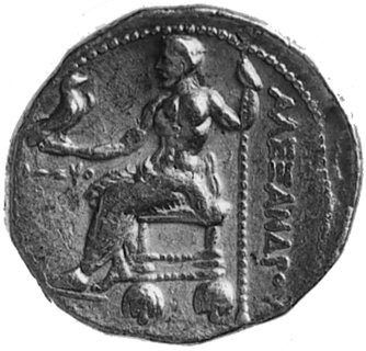 KRÓLESTWO MACEDONII- Aleksander III Wielki (336-323 p.n.e.), tetradrachma- mennica Ake (315/14 p.n.e.), Aw:Głowa młodego Heraklesa w skórze lwa, Rw: Zeus siedzący na tronie w lewo, w jednej ręce trzyma orła w drugiej berłoi napis: A§EEANĘPOY, z lewej strony napis fenicki YOAK HO i data, Sear 6723, 17.2 g.