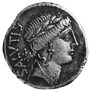 M. Acilius (130 p.n.e.), denar, Aw: Głowa Salus w wieńcu na głowie, za nią napis: SALVTIS, Rw: Valetudo (Salus)stojąca w lewo, oparta na kolumnie, trzyma węża i napis: MN. ACILIVS III VIR VALETV, Sear Acilia 8,Craw.442/la, 3,7 g.