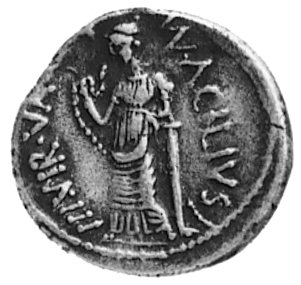 M. Acilius (130 p.n.e.), denar, Aw: Głowa Salus w wieńcu na głowie, za nią napis: SALVTIS, Rw: Valetudo (Salus)stojąca w lewo, oparta na kolumnie, trzyma węża i napis: MN. ACILIVS III VIR VALETV, Sear Acilia 8,Craw.442/la, 3,7 g.