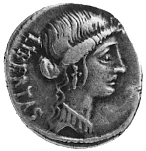 Q. Caepio Brutus (54 p.n.e.), denar, Aw: Głowa Libertas w prawo i napis: LIBERTAS, Rw: Konsul L. Junius Brutusidący w prawo, przed nim i za nim liktorzy, z przodu accensus, Sear Junia 31, Craw.433/1, 3.9 g.