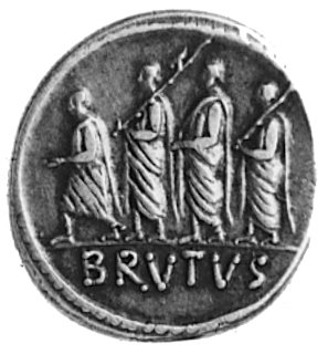 Q. Caepio Brutus (54 p.n.e.), denar, Aw: Głowa Libertas w prawo i napis: LIBERTAS, Rw: Konsul L. Junius Brutusidący w prawo, przed nim i za nim liktorzy, z przodu accensus, Sear Junia 31, Craw.433/1, 3.9 g.