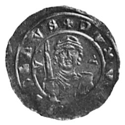 Władysław I książę w Czechach (1109-1118 i 1120-1125), denar, Aw: Książe z mieczem na wprost i napis: VLADISLAVSDVX, Rw: Żyd w prawo i napis: SCS VVENCEZLAVS, Cach 539a, 0.5 g.