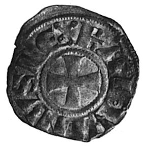 Baldwin III (1143-1163), denar, Aw: Krzyż równoramienny i napis: BALDVINVS REX, Rw: Wieża Dawida i napis: DEIERVSALEN, Metcalf NC 13(1978), 0.9 g.