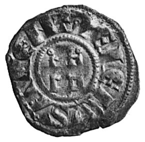 Baldwin III (1143-1163), denar, Aw: Krzyż równoramienny i napis: BALDVINVS REX, Rw: Wieża Dawida i napis: DEIERVSALEN, Metcalf NC 13(1978), 0.9 g.
