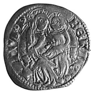 Akwilea, Bertrand de Saint Genies (1334-1350), denar, Aw: Siedząca Madonna z Dzieciątkiem i napis: BERT..P,Rw: Orzeł z literą B na piersi i napis: AQIL..E, CNI 7, Bernardi 47b, 1,0 g.