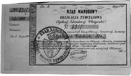 obligacja tymczasowa na 100 złotych nr 8317 z pieczęcią Wydziału Skarbu Rządu Narodowego i dużą pieczęcią RząduNarodowego z trójpolową tarczą herbową