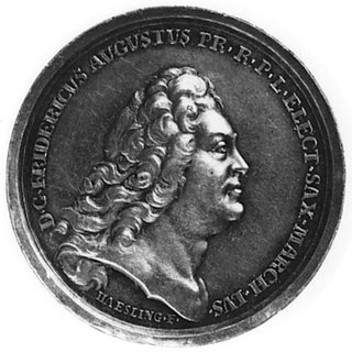 medal sygnowany HAESLING.F. (Daniel Haesling- medalier z Hamburga) wybity z okazji przysięgi składnej przezlenników nowemu królowi i elektorowi, Aw: Głowa króla Augusta III i napis wokoło, Rw: Król na tronie, przed nimklęcząca postać, w otoku i w odcinku napis i data, H-Cz.5982 R. srebro 33.5 mm, 14.47 g., ładna patyna