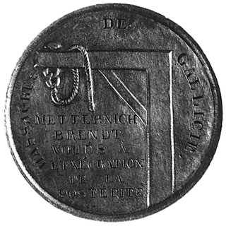medal sygnowany DAVID 1846, oficjalnie odlewany w Paryżu na pamiątkę masakry w Galicji w roku 1846,Aw: Głowa Marianny w czapce frygijskiej i napis, Rw: Szubienica i napisy, H-Cz.3762 R4, brąz 40.5 mm. 19.92 g.,bardzo rzadki i ciekawy medal patriotyczny autorstwa znanego rzeźbiarza francuskiego Davida