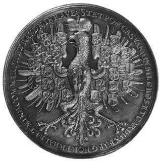 medal b.d, sygnowany IH (Jan Höhn) i CM (Christoph Melchior) przeznaczony na upominki dla posłów obcych państw,Aw: Popiersie Fryderyka Wilhelma (1640-1688) obramowane wieńcem z gałązek i owoców, wśród których dwaskrzydlate anioły i napis wokoło, Rw: Orzeł z 24 tarczami ziem brandenburskich na piersi, wokół napis, Brockmann275, srebro 75.8 mm, 112.05 g., efektowny medal o wyraźnym i głębokim barokowym rysunku