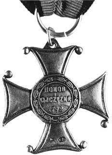 krzyż srebrny Orderu Wojennego Virtuti Militari (V klasa) 1933-1939- wtórnik, srebro z puncą państwową 3 i imiennikJ.K. (zakład Knedlera), emaliowany 34 x 34 mm, brak dwóch kulek na końcach ramion i duże ubytki emalii, nietypowykształt zawieszki