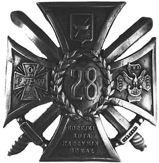 odznaka 28 Pułku Strzelców Kaniowskich m.p. Łódź, żołnierska, bardzo ciekawa odmiana wykonana w srebrzez puncą 2 i literą G, nr 72, wykonana w zakładzie W. Gontarczyka, rzadko występuje w handlu