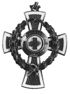 krzyż Odznaki Czerwonego Krzyża- II klasa na oryginalnej wstążce, srebro (punca na uszku), emalia biała, czerwonai zielona, złocony, ubytki emalii na ramionach i w środku krzyża