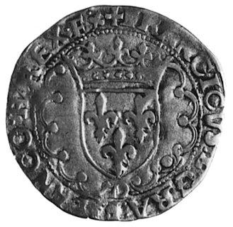 douzain á la croisette (1541), Rennes, Aw: Tarcza herbowa z ozdobnej rozecie i napis: FRANCISCVS D:G FRANCORREX.F, pod tarczą litera D, Rw: Krzyż równoramienny w rozecie i wokół napis: SIT NOMEN DNI B.., Duplessy 927A,2.4 g.