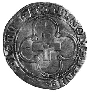 douzain á la croisette (1541), Rennes, Aw: Tarcza herbowa z ozdobnej rozecie i napis: FRANCISCVS D:G FRANCORREX.F, pod tarczą litera D, Rw: Krzyż równoramienny w rozecie i wokół napis: SIT NOMEN DNI B.., Duplessy 927A,2.4 g.