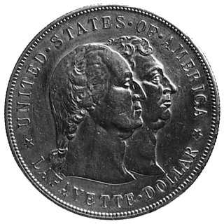 dolar 1900, Aw: Popiersia Washingtona i Lafayette a, w otoku napis, Rw: Pomnik gen. Lafayette a na koniu, w otokunapis, moneta sprzedawana po 2 $ za sztukę z przeznaczeniem dochodu na budowę tego pomnika