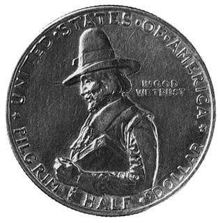 1/2 dolara 1920, Aw: Pielgrzym, Rw: Statek, moneta bita na pamiątkę lądowania pielgrzymów w Plymouthw Massachusetts