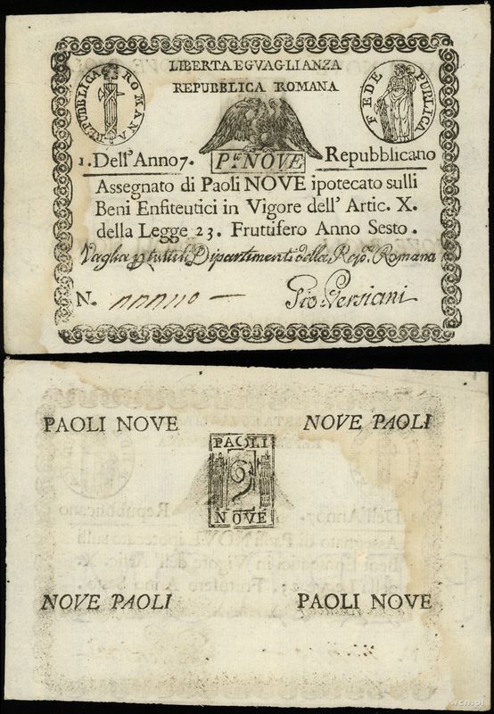 Włochy, asygnata na 9 paoli, 7. rok republiki (1798-1799)